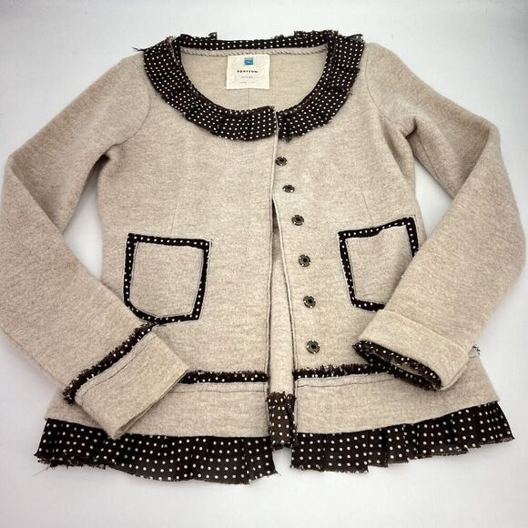 ANTHROPOLOGIE Sparrow Au Fait Sweater Cardigan Beige Brown Wool Polka Dot Small - Picture 1 of 6